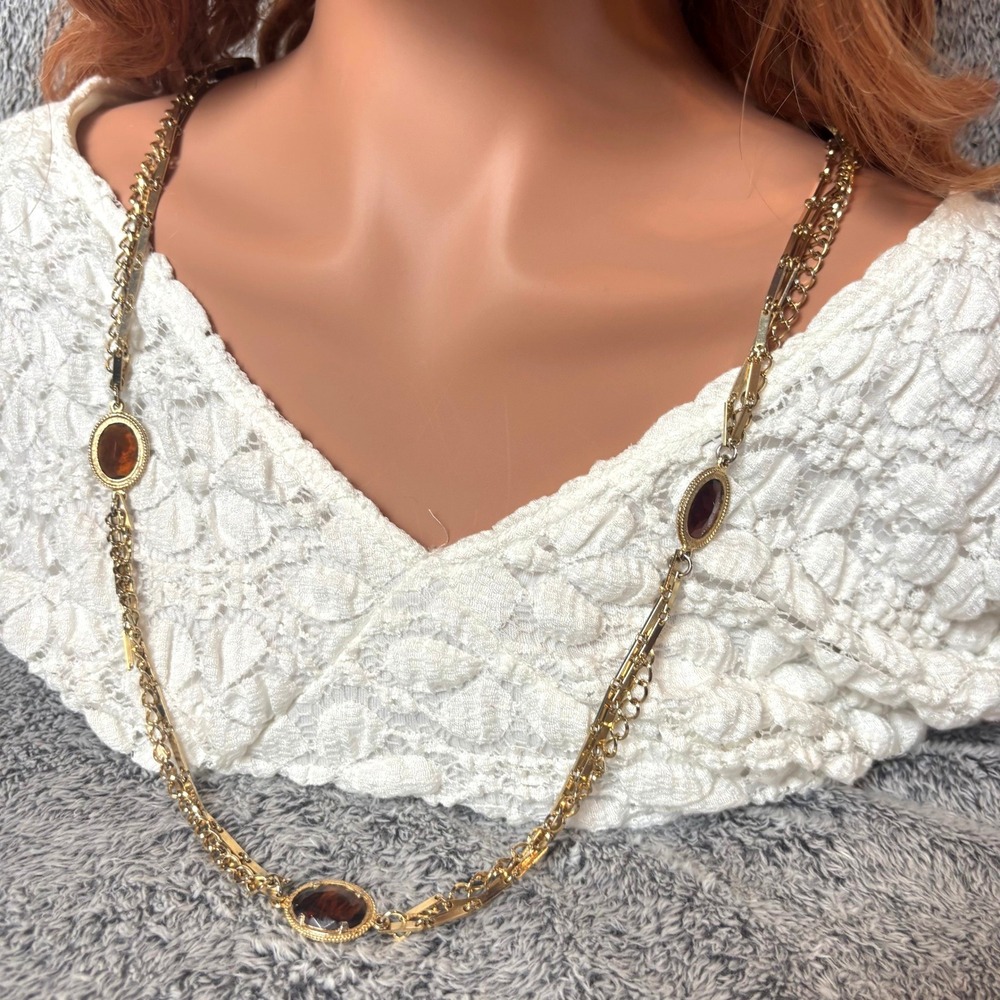 Regency Station Necklace Gold Tone Brown Glass Boho Retro Ren Fair Regal 21848